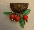 Vintage Brooch Carved Wood Bakelite Cabochon Celluloid Cherry Dangling Fruit