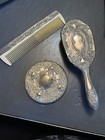 Silver Plated Vanity Set Vtg Hand Mirror Hair Brush Comb Victorian Art Nouveau