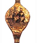 Antique Fireplace Bellow Copper Wood   Leather 3d Ship Motif Works Fine