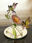 Vintage Pair Hummingbirds On Flower Spun Art Glass Figurine Mirror Base 4 x3 5   