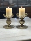 A Pair Of Vintage Brass Filigree Pillar Candle Holders 6  Tall 