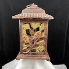 Vtg Cast Iron 4 Sided Garden Lantern 8 1 2  Holds Party Lite Candle Pine Cone