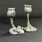 Vintage Pair Of Bronze Poppy Flower Candlestick Holders - Excellent