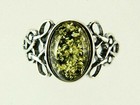 Vintage Celtic Sterling Silver Ring   Oval Baltic Green Amber Gemstone  Size 8
