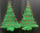 Vintage Macrame Christmas Tree Wall Hanging Pair Retro Boho Green Red Wood Beads