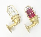 Vintage Brass Nautical Ship Passage Light Pair Red   Clear Glass Caged