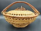 Vintage Handmade Chinese Woven Lidded Double Handle Wicker Bamboo Basket