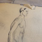 Vintage Original Nude Male Standing Drawing Sketch Graphite Pencil   18  X 24 
