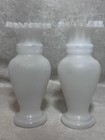 Pair Of Antique Enameled Painted Vases Ruffled Rim Bristol Victorian Blown Glass