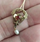 Antique Art Nouveau Yellow   Rose Gold Filled  Lavalier Pearl   Red Stone