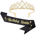 Birthday Baddie Sash And Crown Tiara - Black Glitter Sash With Gold Foil Birthda