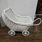 Vintage White Wicker Rattan Baby Doll Stroller Carriage Buggy 24   