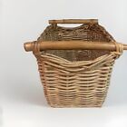 Vintage Wicker Woven Rectangular Basket W wooden Handles Boho Chic Country Farm