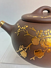 Chinese Teapot W lid Yellow Tea Gold Calligraphy Landscape Pattern Art