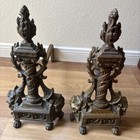 Vtg Antique Ornate French Empire Column Torch Andirons Bronze Cast Iron Set Pair