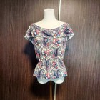 Vintage 1970s Off Shoulder Paisley Rose Peplum Bohemian Hippie Bardot Blouse