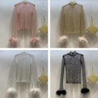 Lady Rhinestone Crystal Blouse T Shirt Thin Feather Cuff Mesh Shiny Glitter Tops