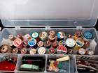 Plastic Sewing Container Filled With Assorted Vintage Sewing Notions Thread  