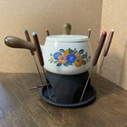 Vintage M  Kamenstein Inc  Mk Fondue Pot   6 Rosewood Handle Forks Very Nice  
