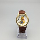 Vtg Disney Winnie The Pooh Watch Women Gold Tone Brown Leather Band New Battery