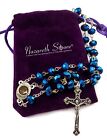 Deep Blue Crystal Beads Rosary Catholic Necklace Holy Soil Medal Cross Crucifix