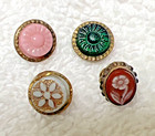 4 Victorian Dress Buttons Glass W Floral In Gold Tone Metal Frame 6 16th Inch