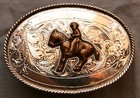 Vintage Horse Rodeo Cowboy Sterling Silver Western Belt Buckle Hand Engraved
