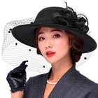 Women Flower Decor Bowler Fedora Hat With Veil Floppy Brim Felt Church Party    