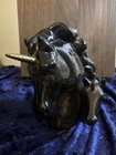 Vintage Black Unicorn Statue Mother   Baby Gold Horns Ceramic Figure Bust