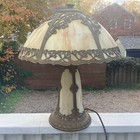 Super Antique Art Nouveau Stained Slag Glass Shade Panel Lamp W  Lighted Base