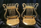 Vintage Harp Solid Brass Book Ends Musical Symbol Pair Staff Stand Bookends