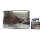 Vintage Japanese Sterling Silver Cigarette Case   Lighter Original Case Mt Fuji