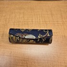 Vintage Lipstick Case With Mirror Navy Blue With Embroidered Flowers Snap Shut