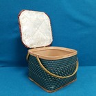 Vtg Wood W  Double Metal Handles Woven Green red Picnic Basket 