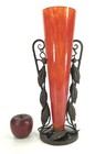 Tall Antique French Art Glass Vase With Decorative Iron Base Signed France