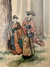 2-piece Vintage Mid-century Wall Art Asian Forest Scene With Gold Bamboo Frame