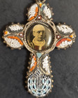 Vintage Bronze   Mircromosaic Catholic Cross Pendant Pope Pious Xii
