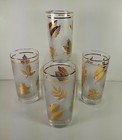 Set Of 4 Frosted Glass Tumblers With  Gold Leaf Leaves Pattern 12 Oz Vtg  Euc