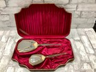 Vintage 1940s Gold Tone Vanity Set Floral Hand Mirror   Brush In Original Case