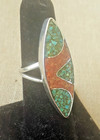 Vintage Turquoise   Coral Chip Inlay Navajo Sterling Silver Ring Size 16 7mm