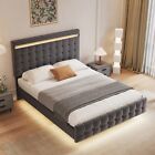 Floating Bed Frame Queen Size With Led Lights  Upholstered Headboard Velvet