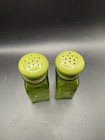 Vintage 1960 s Style Retro Avocado Green Glass Salt   Pepper Shakers Gold Lids