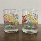 Pair Vtg Coca Cola Short Lowball Tumbler Rocks Multi-colored Glass Heavy Bottom