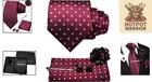 Burgundy Silk Tie Set With Pocket Square  Cufflinks   Lapel Pin - 5pcs Gift Box