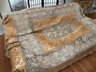 Vtg Handmade Taupe Bobbin Lace Gold Damask Tablecloth 80x90    Monogram Floral