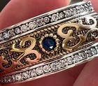 Real Diamond  blue Sapphire Solid 14k Y Gold   925 Band Ring Etruscan Rev  Sz 9