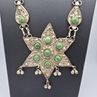 Vtg Afghan Kuchi Necklace Green Glass Tribal Star Pendant Silver Tone 26   111g