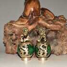 Chinese Tibet Silver Dragon Inlaid Green Jade Handmade Pair Lion Statue
