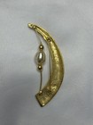 Gold Tone Crescent Brooch Pin W  White Pearl Accent - Metal  3 In