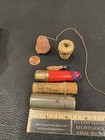 Vtg Metal Tube Sewing Kit Red Plastic Brass Thimble Basket Thread Sleeve Needles
